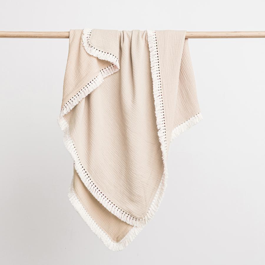 Organic Muslin Blanket With Cotton Tassels - Sand - Little Reef and Friends