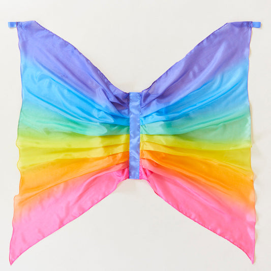 Rainbow-coloured butterfly wings on a plain background