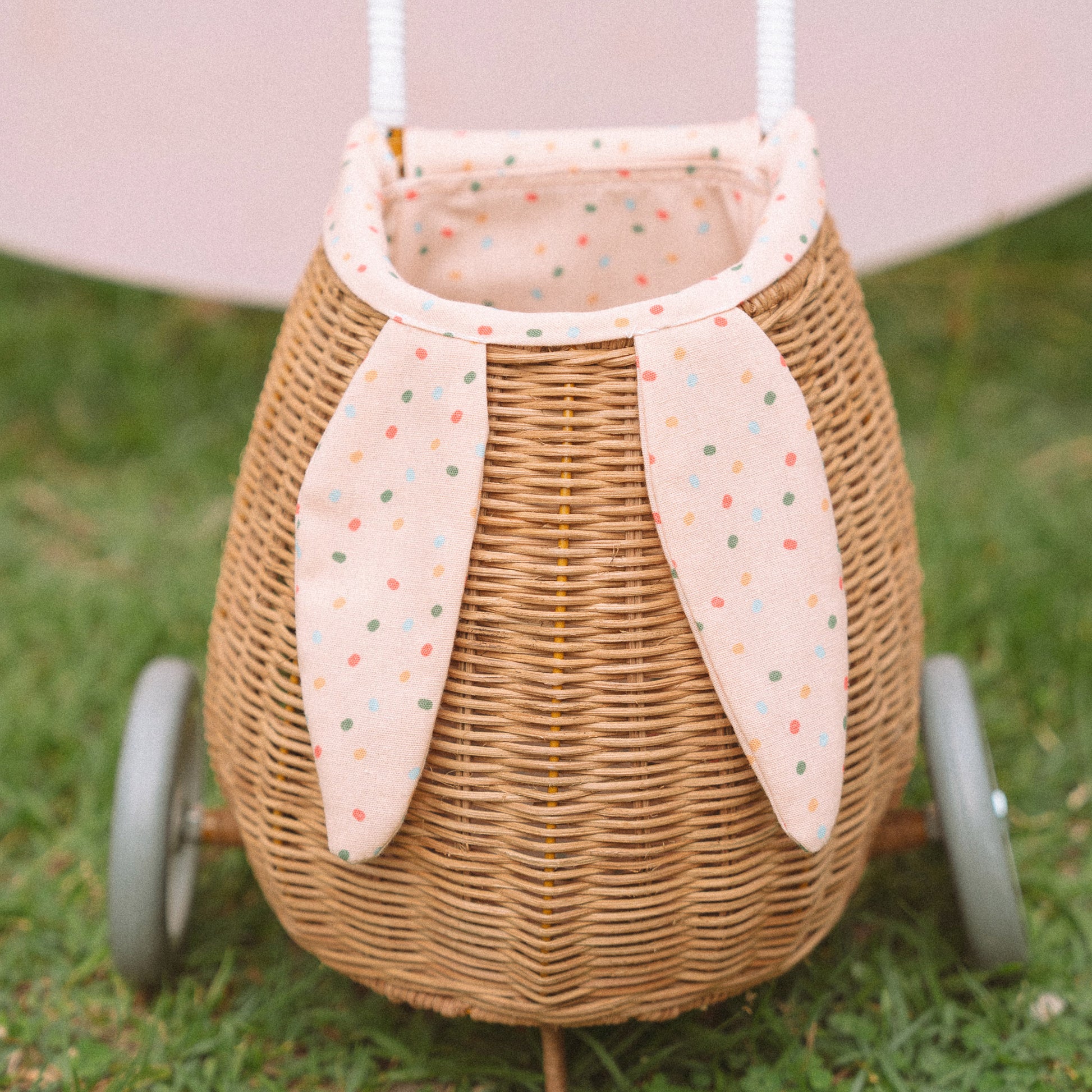 Olli Ella Rattan Bunny Luggy with Lining - Gumdrop - Little Reef and Friends