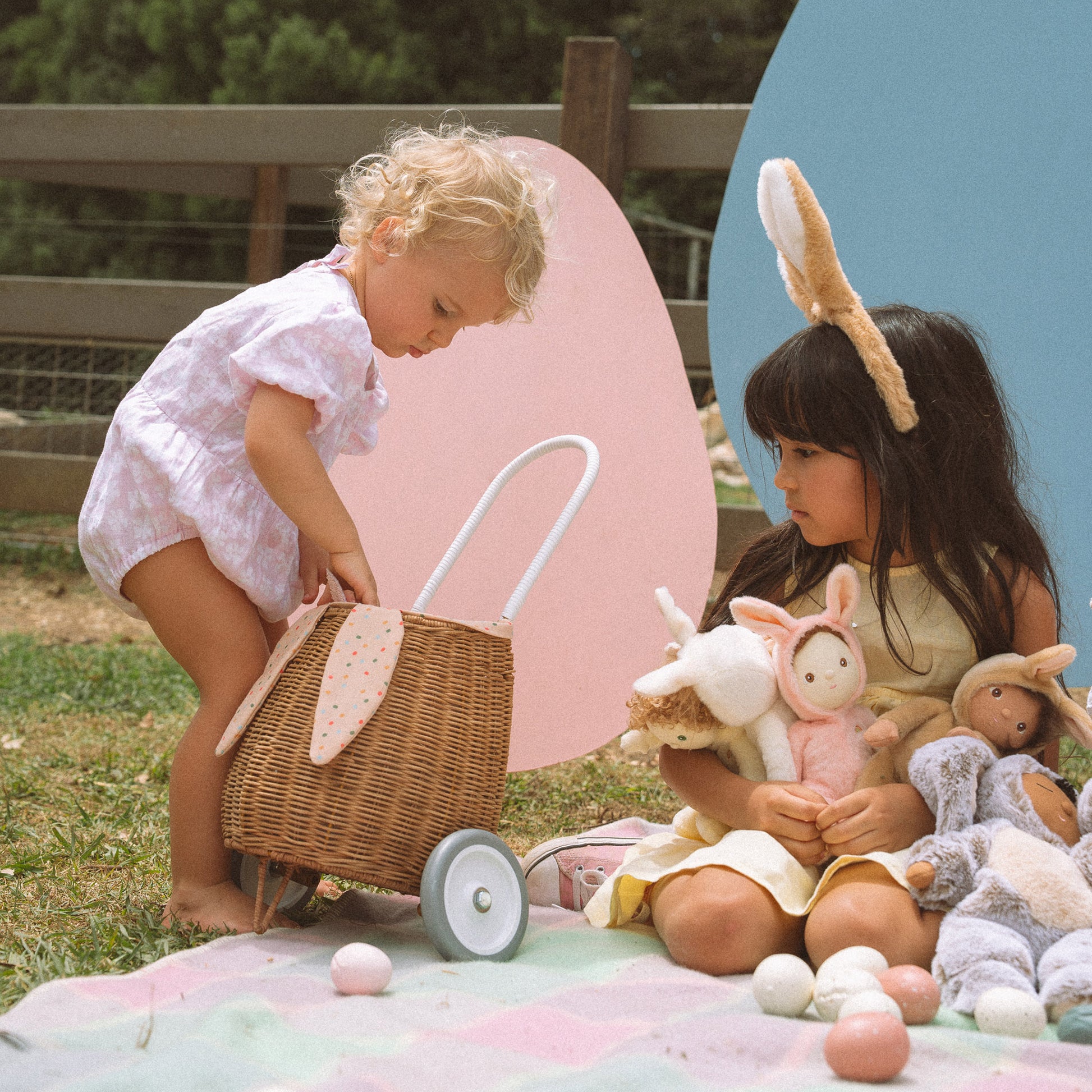 Olli Ella Rattan Bunny Luggy with Lining - Gumdrop - Little Reef and Friends