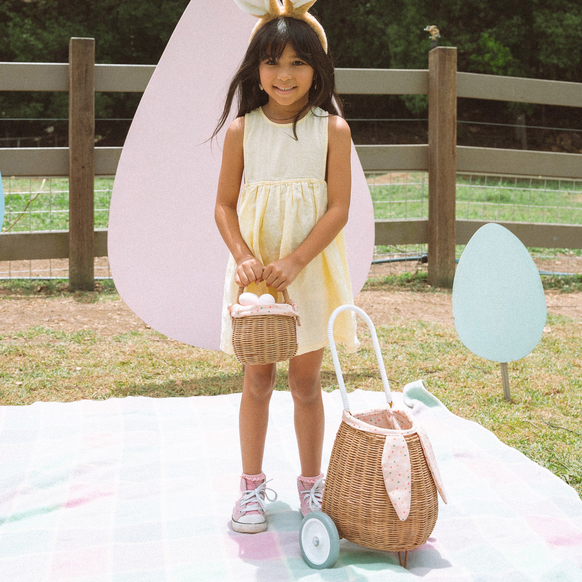 Olli Ella Rattan Bunny Luggy with Lining - Gumdrop - Little Reef and Friends