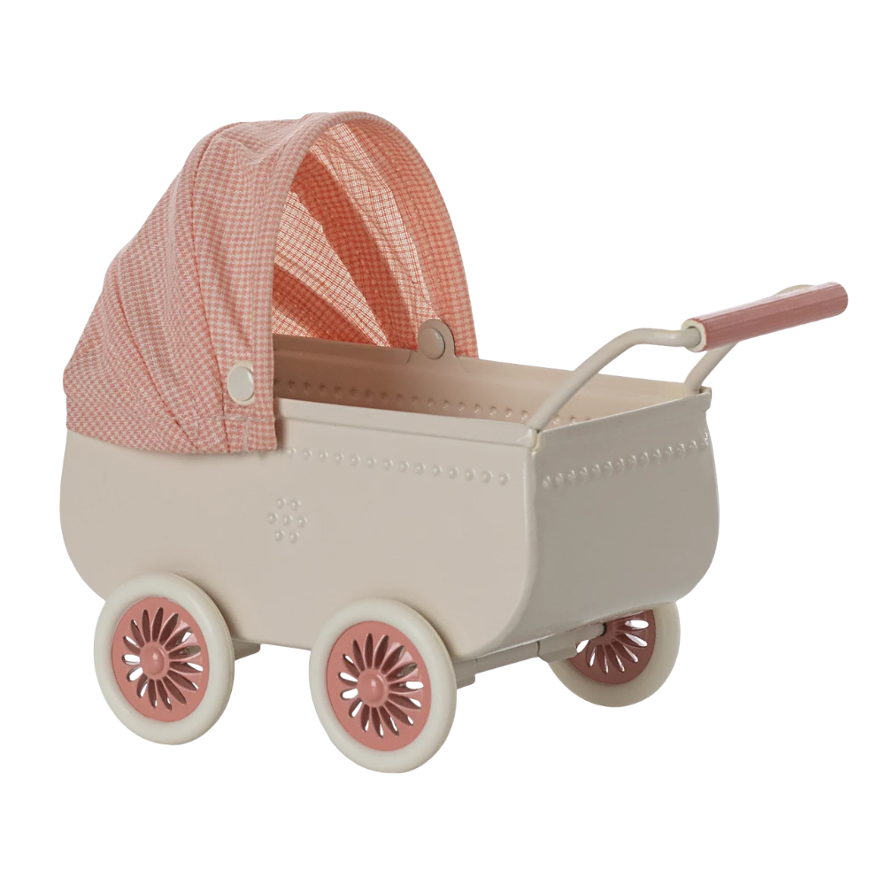 A vintage-style doll play pram in cream with a pink gingham canopy and pink accents on the wheels and handle, shown on a white background.