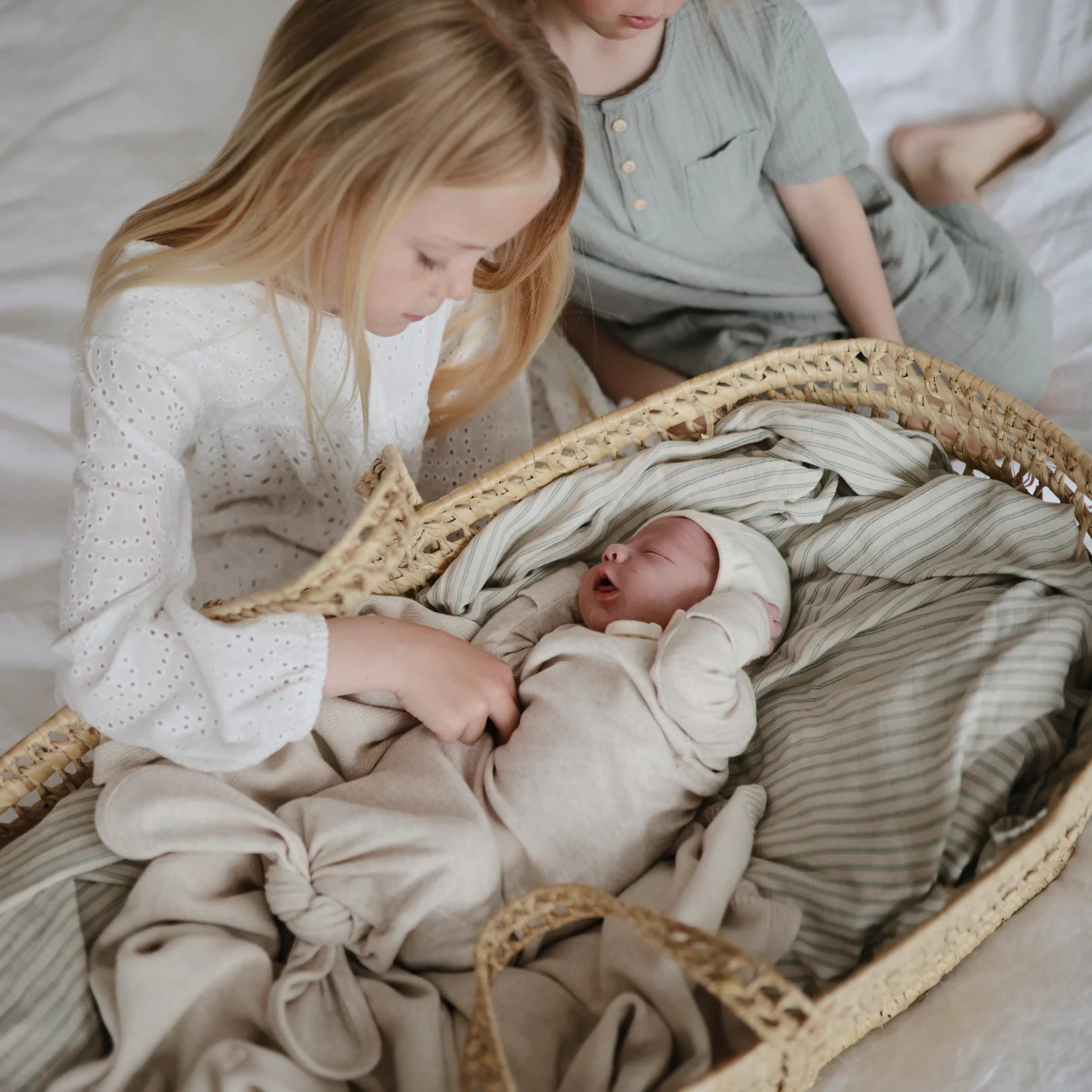 Mushie Organic Muslin Swaddle - Sage Stripes - Little Reef and Friends