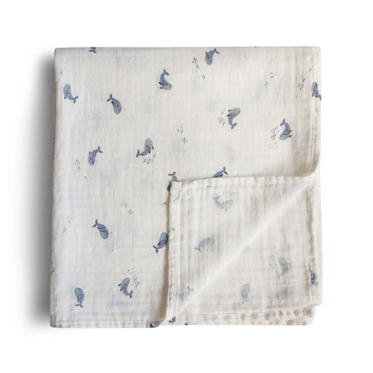 Mushie Organic Muslin Swaddle - Whales - Little Reef and Friends