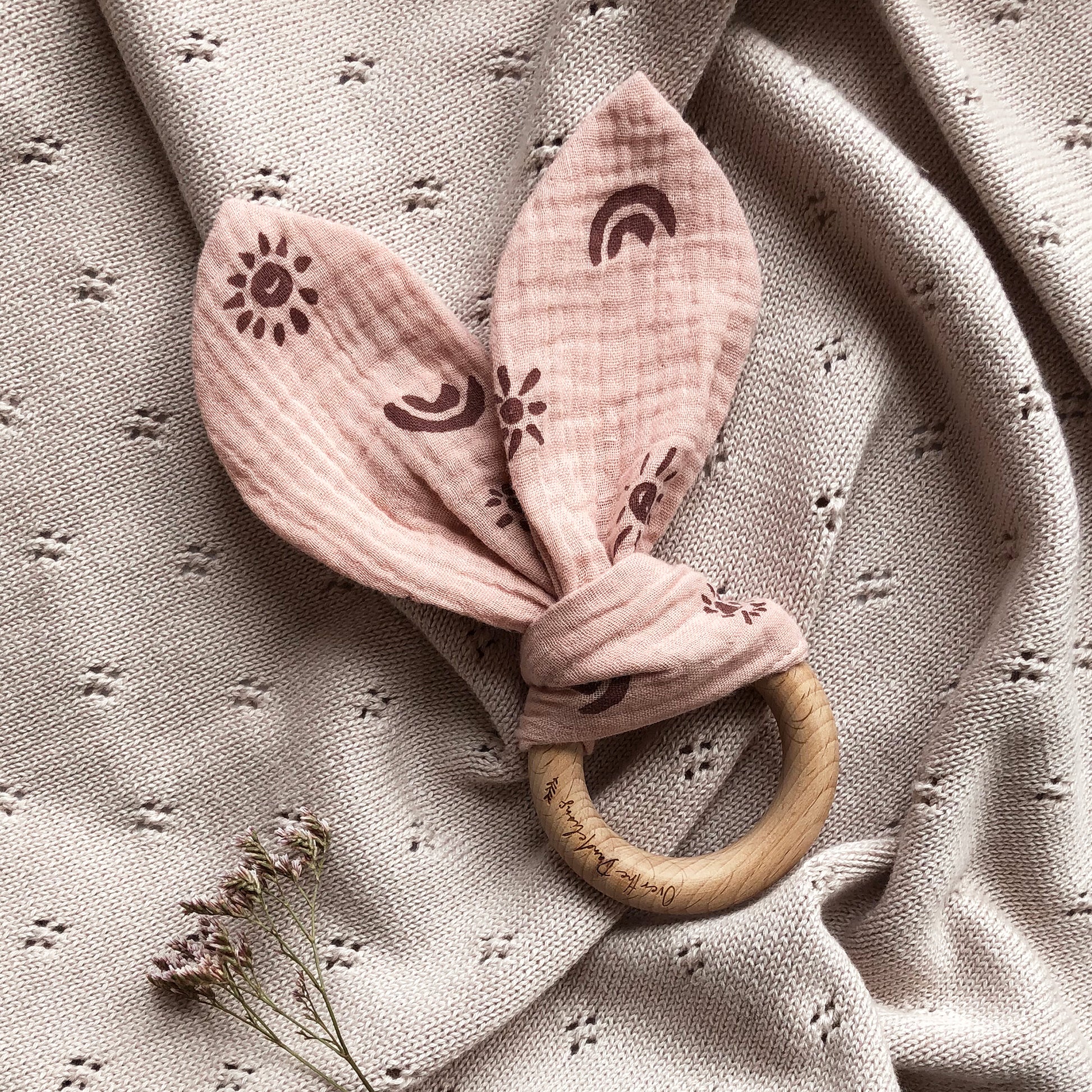 Organic Muslin Bunny Ears Teether - Sunny Blush/Plum - Little Reef and Friends