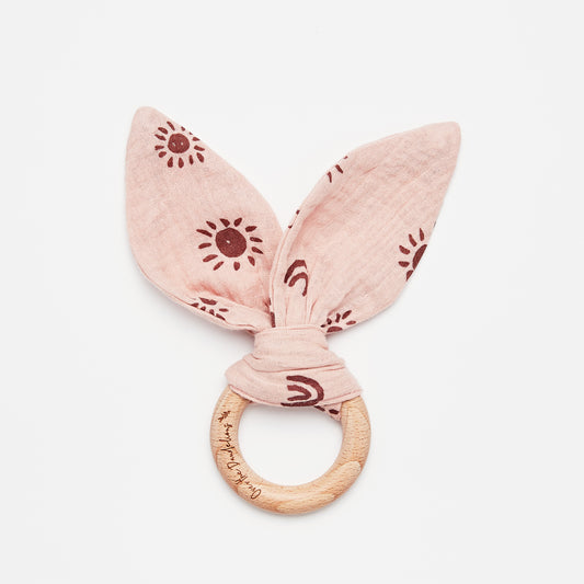 Organic Muslin Bunny Ears Teether - Sunny Blush/Plum - Little Reef and Friends