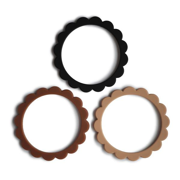 Flower Teething Bracelets 3 Pk - Black/Natural/Caramel - Little Reef and Friends