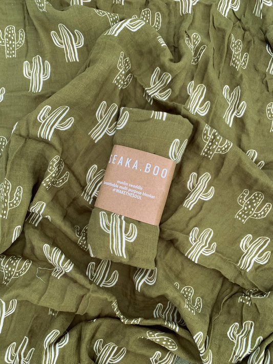 Desert Cactus Muslin Swaddle - Olive - Little Reef and Friends