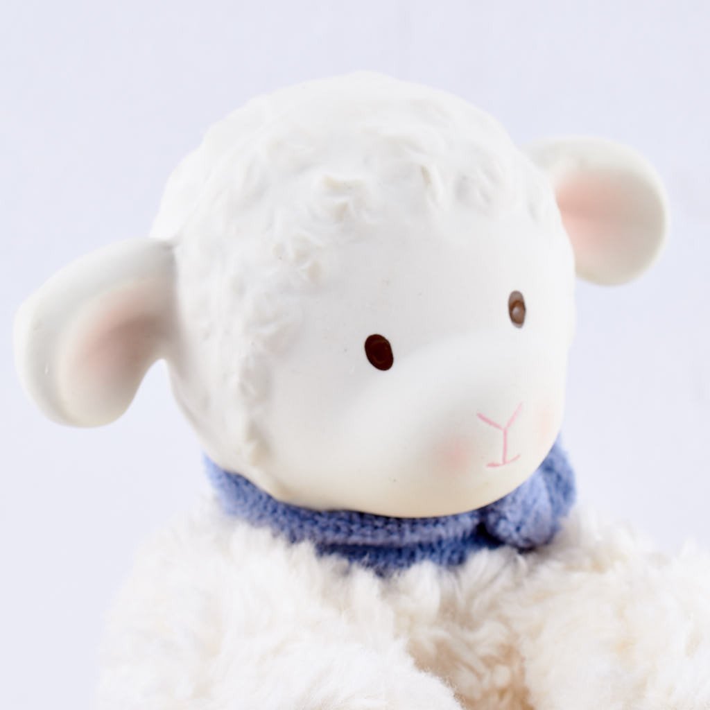 Lucas Lamb With Rubber Teether Head & Blue Bow - Little Reef and Friends