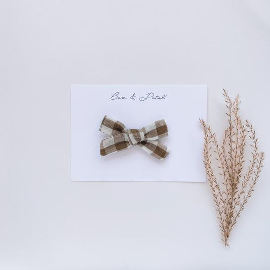 Classic Bow Hair Clip - Olive Gingham - Little Reef and Friends