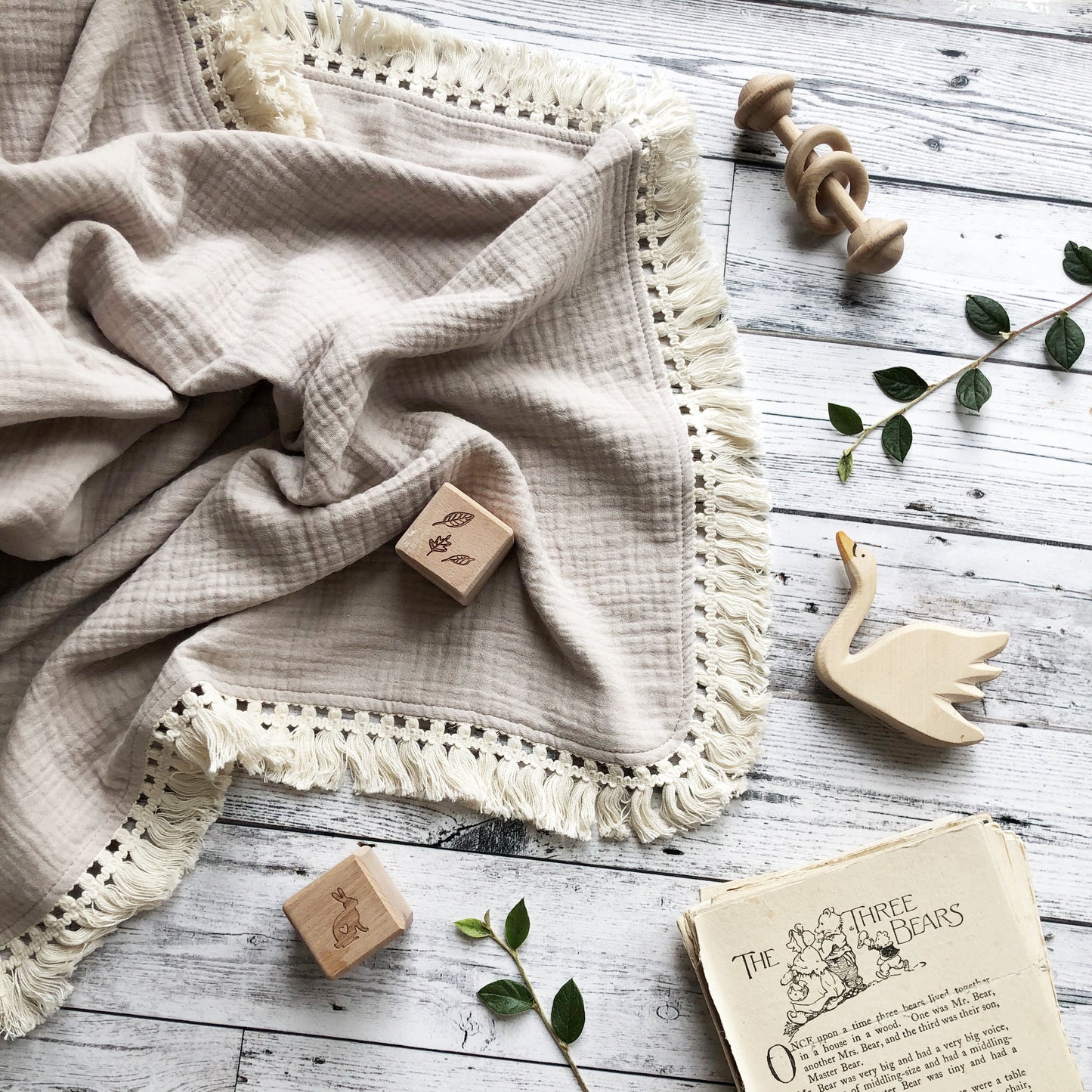 Organic Muslin Blanket With Cotton Tassels - Sand - Little Reef and Friends