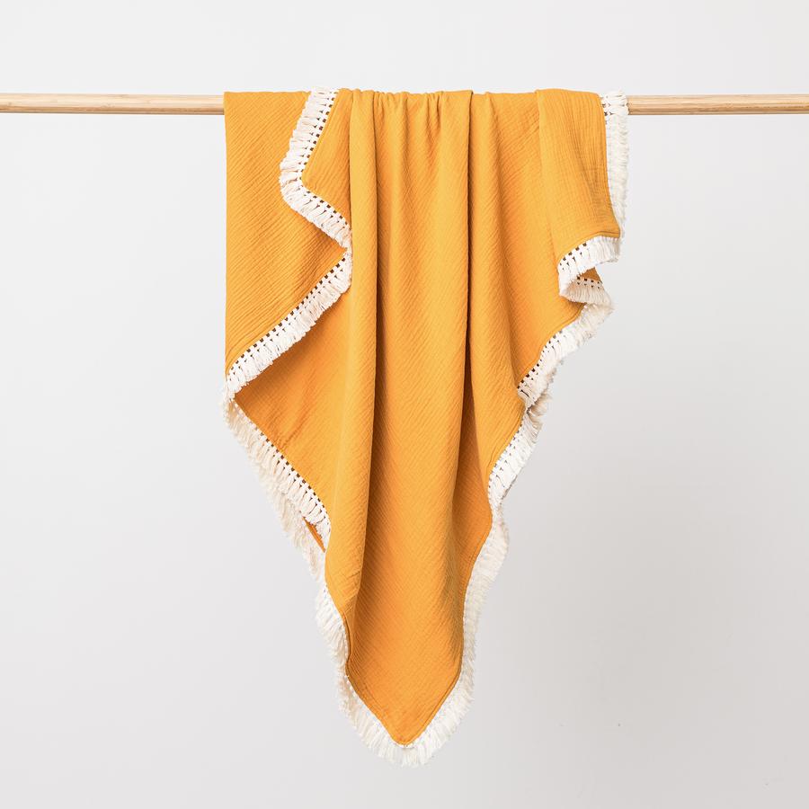 Organic Muslin Blanket With Cotton Tassels - Saffron - Little Reef and Friends