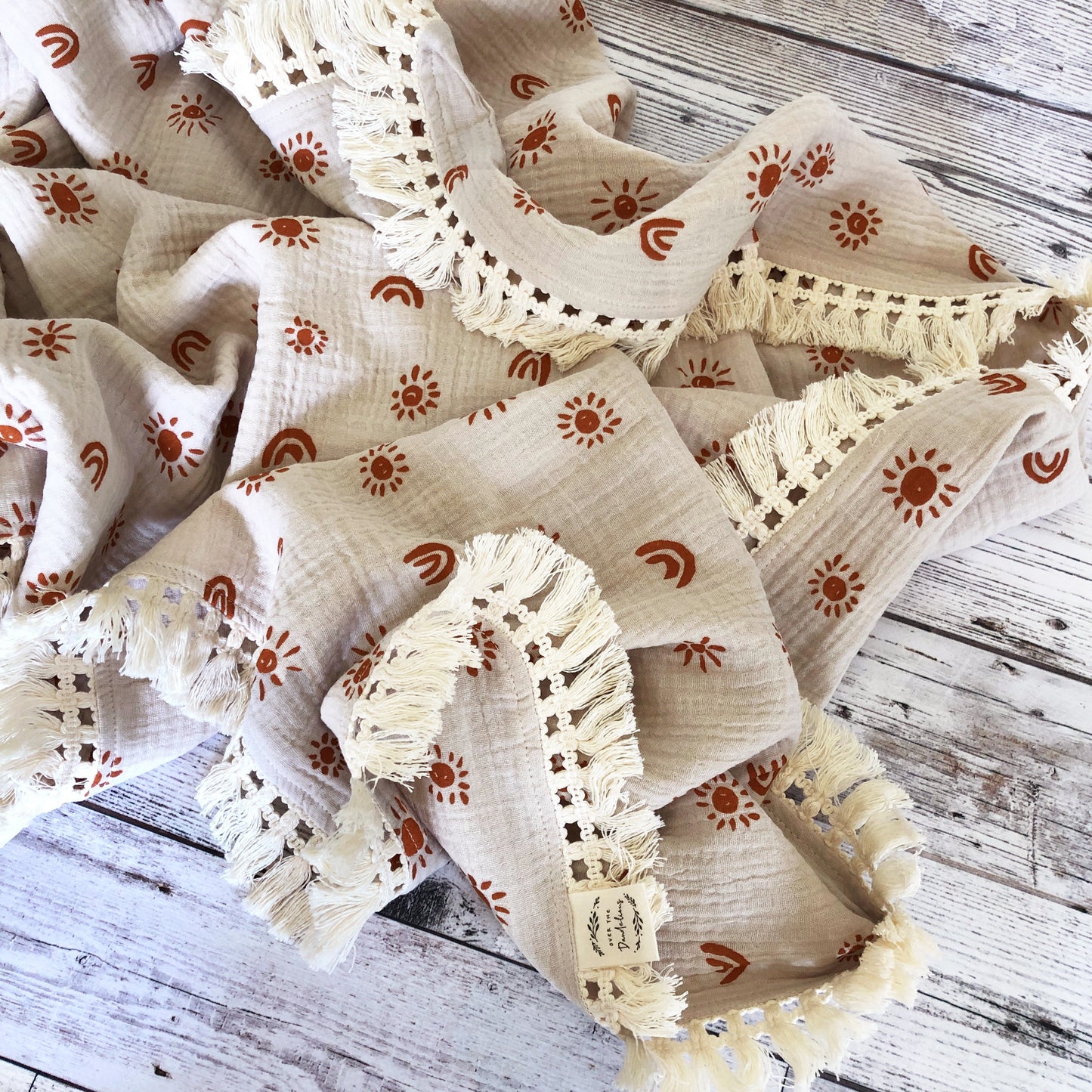 Organic Muslin Blanket With Cotton Tassels - Sunny Blush/Plum - Little Reef and Friends