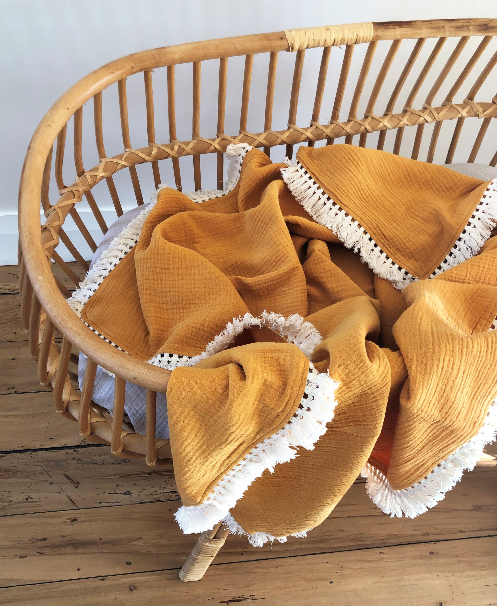 Organic Muslin Blanket With Cotton Tassels - Saffron - Little Reef and Friends