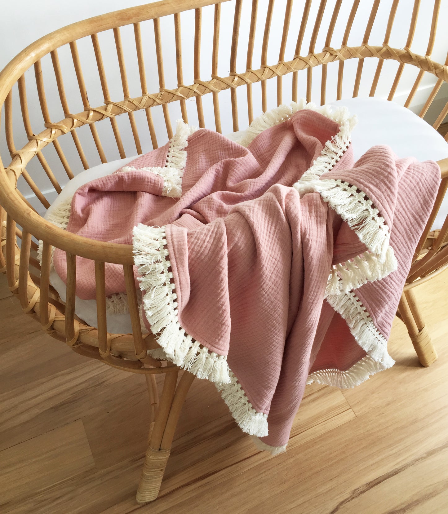 Organic Muslin Blanket With Cotton Tassels - Shell Pink - Little Reef and Friends